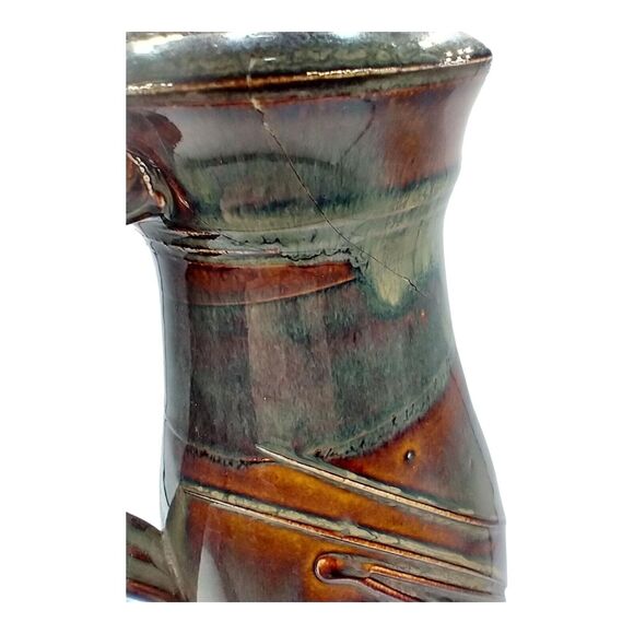 Pottery Pitcher With Applied Handle Green Brown Stamped/Signed Unknown VTG Flaw - Picture 8 of 11